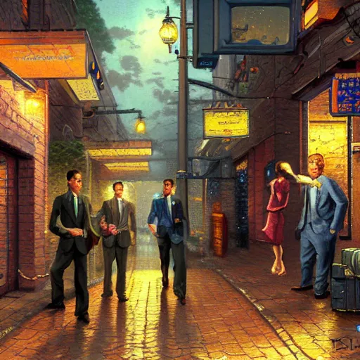 Prompt: two businessmen handing over a briefcase, detailed digital illustration by thomas kinkade, cyberpunk back alley, nighttime