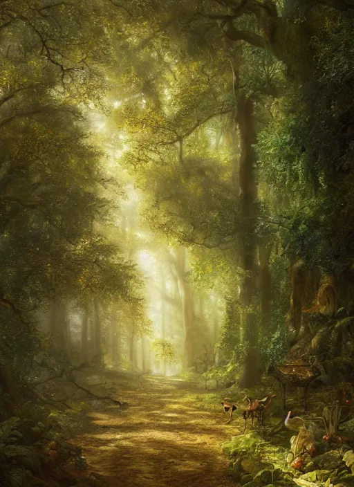 Prompt: A path through a forest, landscape, Anya_Taylor-Joy, Cory Chase, Eva Green, François Boucher, Oil Painting, hyperrealistic, Detailed Digital Art, Michael Cheval, Volumetric Golden dappled dynamic lighting, Highly Detailed, Cinematic Lighting, Unreal Engine, 4k