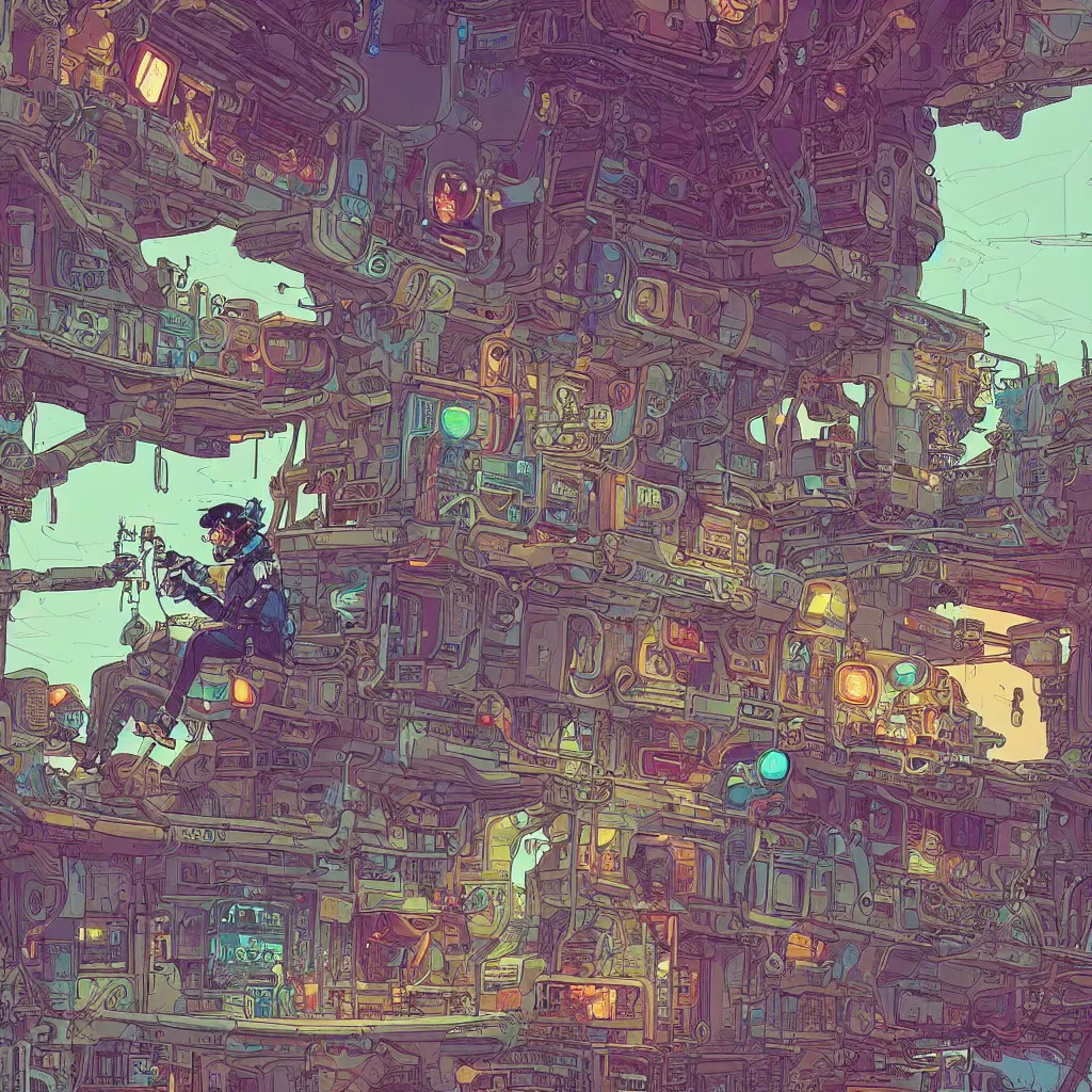 Image similar to Stunningly intricate illustration of an explorer playing video games in his treehouse, wearing cyberpunk headpiece, highly detailed, midnight, by Josan Gonzalez and James Gilleard , Moebius, Laurie Greasley