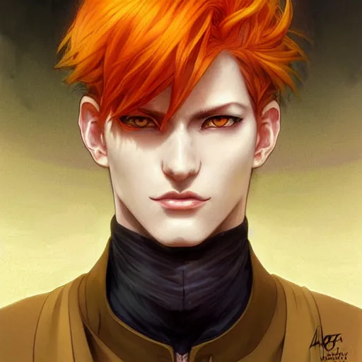 Image similar to portrait of hisoka morow hunter hunter, male, upper body sharp jaw yellow eyes small eyes red hair, medium length hair, anime, fantasy, intricate, elegant, highly detailed, digital painting, artstation, concept art, matte, sharp focus, illustration, art by artgerm and greg rutkowski and alphonse mucha