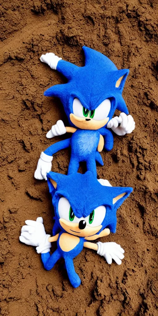 Prompt: a crushed plush of Sonic in dirt and mud below a dramatic sky with intricated spells and stormcloud glimpses of flares and beams airbrush tones