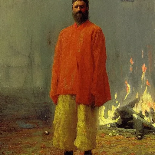 Image similar to high quality high detail painting by ilya repin, man standing in front of huge fire, hd