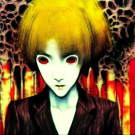 Image similar to yoshitaka amano blurred and dreamy realistic three quarter angle horror portrait of a sinister young woman with short hair and yellow eyes wearing office suit with tie, junji ito abstract patterns in the background, satoshi kon anime, noisy film grain effect, highly detailed, renaissance oil painting, weird portrait angle, blurred lost edges