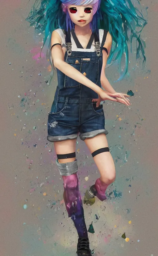 Prompt: Full body, cute flirty grungy woman with rainbow hair, soft eyes and narrow chin, fit dainty figure, long hair straight down, torn overalls, short shorts, fishnet stockings, combat boots, basic white background, side boob, in the rain, wet shirt, style by Jordan Grimmer and greg rutkowski, crisp lines and color,