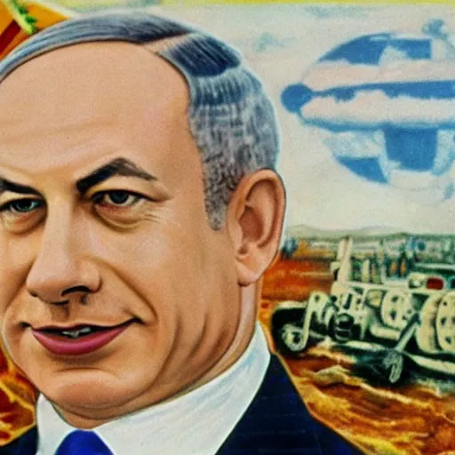 Image similar to portrait of Benjamin Netanyahu grinning and crossing arms, Hindenburg disaster in background, colored, rich vivid colors, official media, HQ