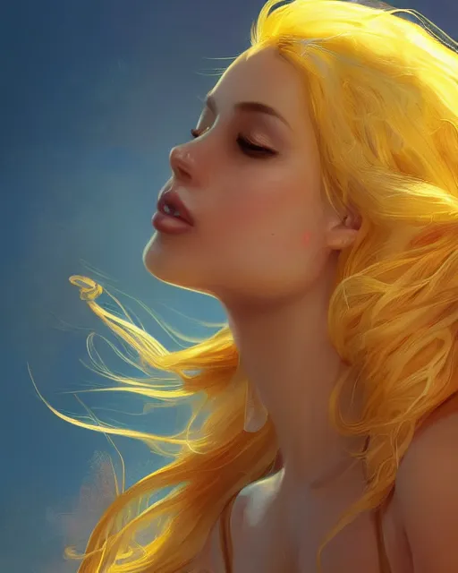 Image similar to summer vibes, beautiful sun goddess, flowy yellow golden hair, sun, summer, cinematic lighting, highly detailed, digital painting, trending on artstation, pixiv, concept art, sharp focus, illustration, art by ross tran and wlop