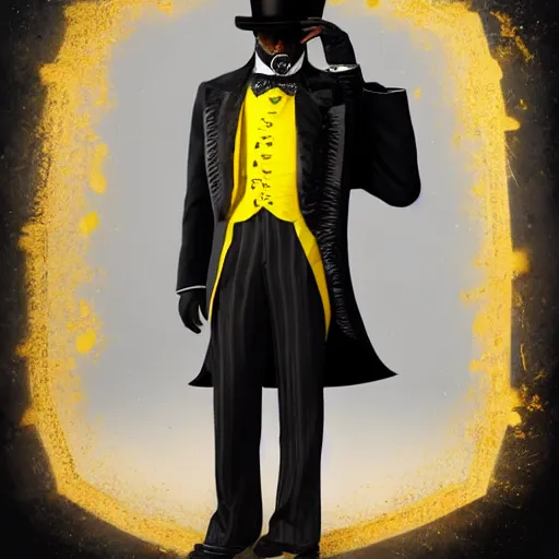 Prompt: a highly detailed portrait of a man in a high top hat covering his face, in a black tailcoat with a yellow waistcoat under the tailcoat, artstation, deviantart, professional, unreal engine 5, photorealistic