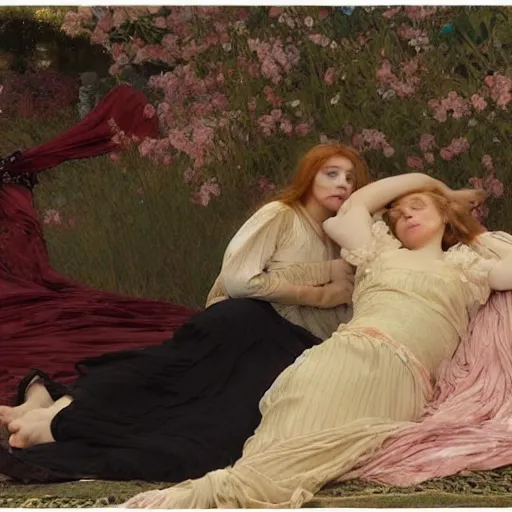 Image similar to a realistic portrait of a teenage girl who looks lie Chloe Grace Moretz and Saoirse Ronan lying on the floor, wearing a nightgown like Flaming June, by Frederic Leighton, Alphonse Mucha, Edward Burne Jones