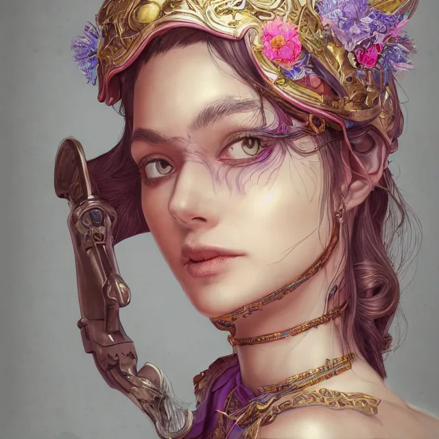 Image similar to studio portrait of neutral good colorful female cleric bard healer as absurdly beautiful, elegant, young sensual pretty woman, ultrafine hyperrealistic detailed face illustration by kim jung gi, irakli nadar, intricate linework, sharp focus, bright colors, matte, octopath traveler, final fantasy, unreal engine highly rendered, global illumination, radiant light, intricate environment