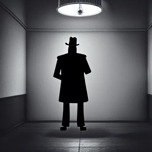 Image similar to Robot detective with hat and trenchcoat sitting in a dimly lit room, atmospherics, film noir