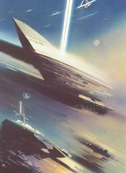 Prompt: understated. distant. negative space dominant. vast. empty. spacious bg. minimalistic piece. simplified environment. lonely cosmos. single ship as main subject. masterpiece book cover illustration by the great famous sci - fi artist john berkey.