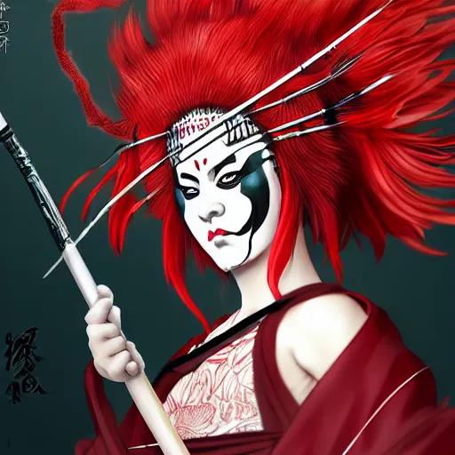 Prompt: an insane kabuki wielding a spear while striking a pose, magical aura of insanity driving beasts insane, intricate hakama, red wig, detailed face with crossed eyes, high energy, trending on artstation, detailed concept art,