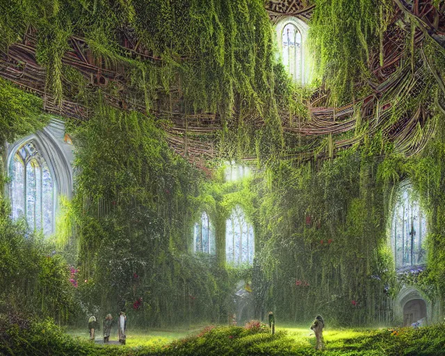 Image similar to An ultra-detailed illustration of a cathedral interior, high ceiling, overgrown with moss, flowers and lush plants, vines hanging down from the tall ceiling, digital art, trending on Artstation, matte painting, detailed, Dan Mumford