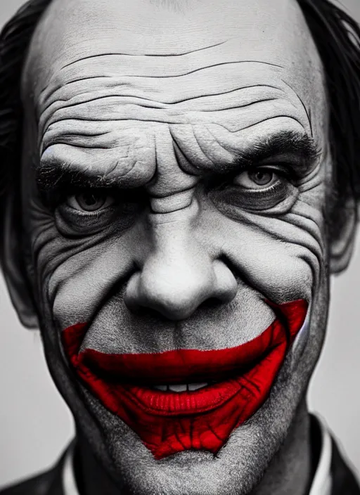 Image similar to photo of Hugo Weaving as the Joker by Lee Jeffries , big smile, head shot, detailed, award winning, Sony a7R