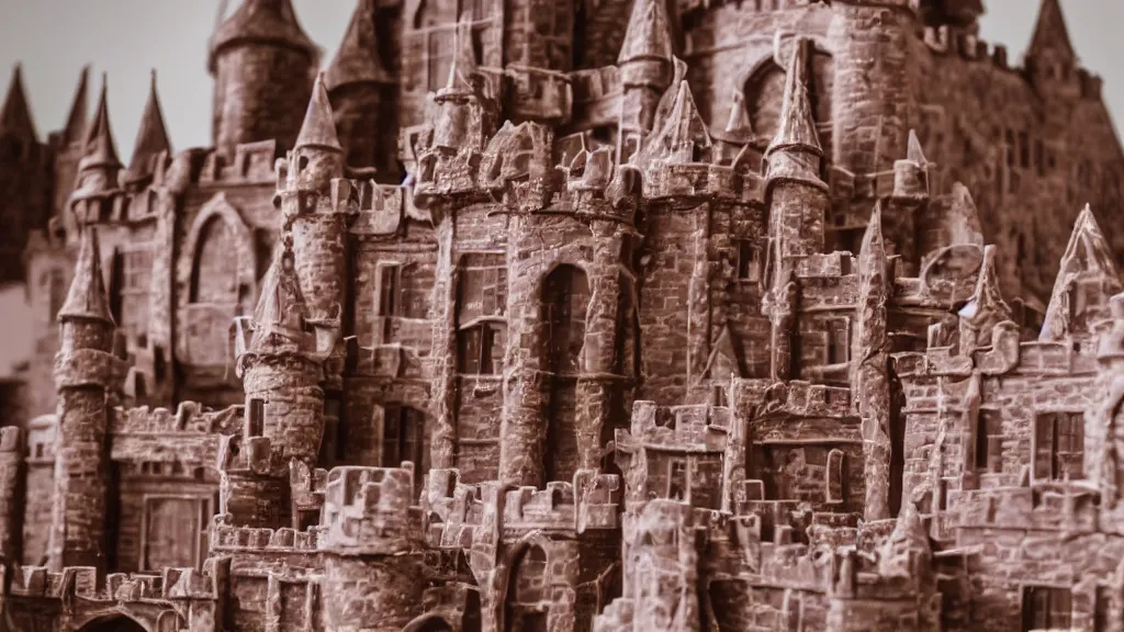 Image similar to open angle photo of a castle made of chocolate,