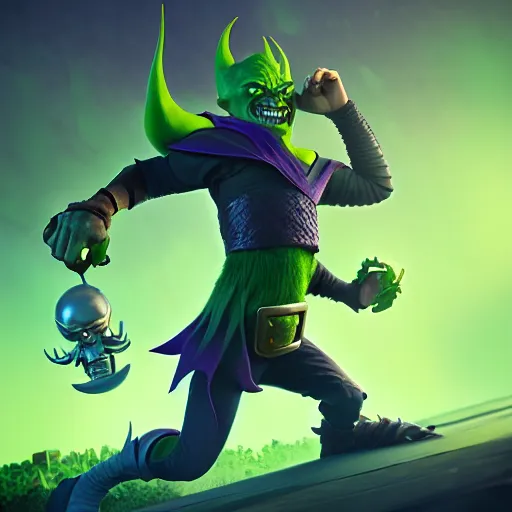 Image similar to clash royale green goblin, by tom bagshaw and ilya kuvshinov, rtx rendering, octane render 1 2 8 k, maya, extreme high intricate details by wlop, digital anime art by ross tran, medium shot, composition by sana takeda, dramatic lighting by greg rutkowski