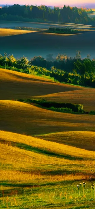 Image similar to open field of teeth, rolling hills, mist, valley, downhill