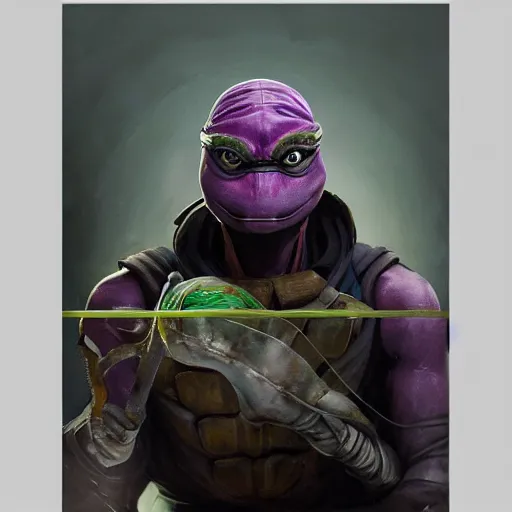 Image similar to portrait painting of a system administrator teenage mutant ninja turtle donatello, building computers, painted by greg rutkowski, dishonored 2