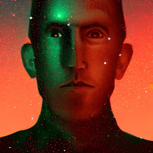 Image similar to silhouette of man, filled with deep space field of twinkling stars, award-winning portrait of face, fantasy horror, 8k, 4k, trending on artstation, matte finish, pixiv, unnerving, volumetric lighting, highly detailed