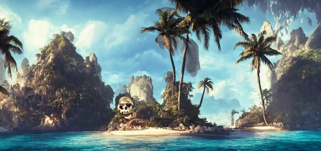 Image similar to a tropical pirate Island with white beach, palm trees and a cave in Form of a skull carved in a Mountain, dramatic lighting, cinematic, establishing shot, extremly high detail, photo realistic, cinematic lighting, post processed, concept art, artstation, matte painting, style by eddie mendoza, raphael lacoste, alex ross