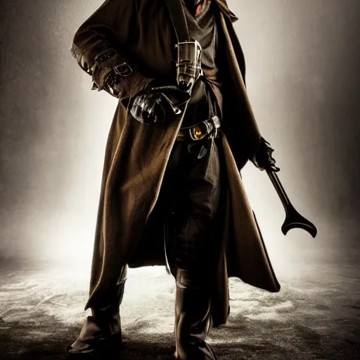 Prompt: epic fantasy plague doctor wearing a trench coat, gritty steampunk aesthetic, dramatic lighting, ultra hd