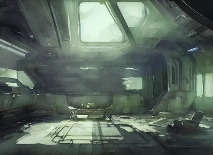 Prompt: watercolor painting abandoned 8 0 s space ship interior, haunting, very beautiful ambient lighting, sun rays, dust, art by anders zorn, wonderful masterpiece by greg rutkowski, cinematic light, american romanticism by greg manchess, creation by tyler edlin
