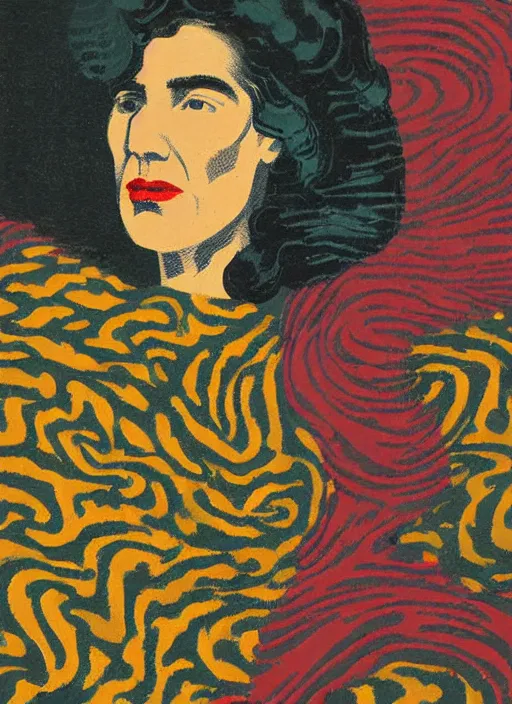 Image similar to an extreme close - up portrait of a factory woman dressed in various types of cloth patterns in a scenic representation of mother nature and the meaning of life by billy childish, thick visible brush strokes, shadowy landscape painting in the background by beal gifford, vintage postcard illustration, minimalist cover art by mitchell hooks