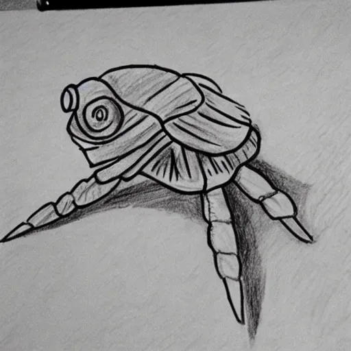 Prompt: Kid's drawing of a Hermit crab with a mustahce