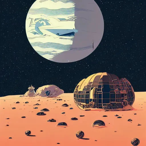 Image similar to very detailed, ilya kuvshinov, mcbess, rutkowski, illustration of a colossal space station orbiting a desert planet