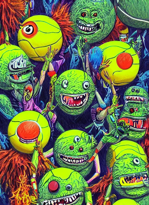 Prompt: tennis ball monsters playing tennis, a tennis ball monster ,tennis ball, Epic, digital art, fantasy, magic, trending on artstation, ultra detailed, professional illustration,chalk, poster artwork by Basil Gogos , clean