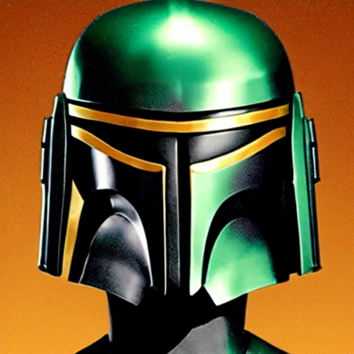 Prompt: Levi Ackerman wearing Mandalorian armor, helmet is off, no helmet, helmet at his side, holding his helmet. The armor is gray, red, gold, green, and white