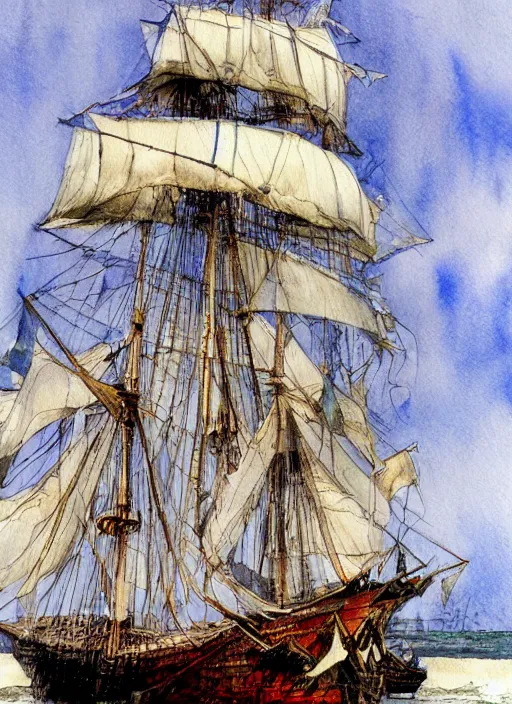 Prompt: photo realistic galleon, art by harvey dunn and howard pyle, illustration, watercolor art,