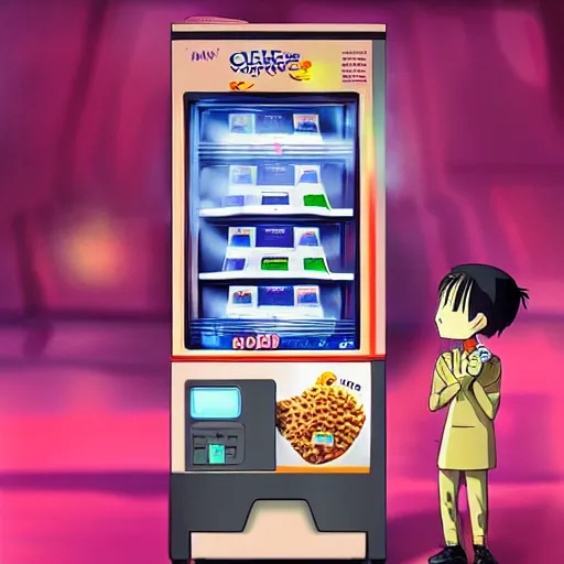 Image similar to “Shinji from Eva buying Cheerios from a cereal vending machine on a futuristic space ship, anime, artstation”