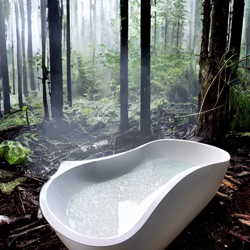 Image similar to pristine porcelain bath filled with bubbles in a clearcut rainforest, slash and burn, cleared forest, deforestation, bubble bath, overflowing with bubbles, tree stumps, smouldering charred timber