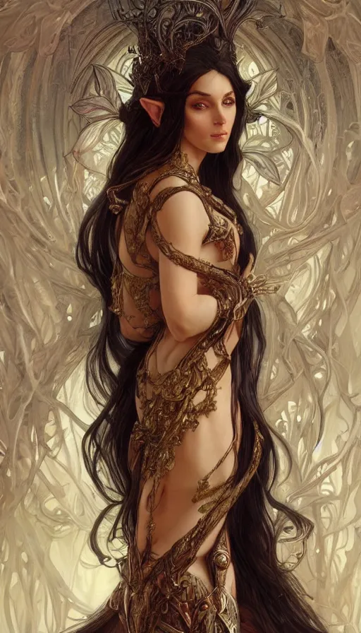 Image similar to a oil painting of a elven queen, cute, fantasy, intricate, elegant, highly detailed, centered, digital painting, artstation, concept art, smooth, sharp focus, illustration, art by artgerm and h r giger and alphonse mucha