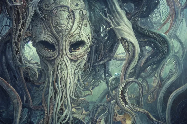 Image similar to a lovecraftian painting of cthulhu face of cosmic horror, cosmic horror elements, ultra realistic, concept art, intricate details, eerie, highly detailed, photorealistic, octane render, 8 k, unreal engine. art by artgerm and greg rutkowski and alphonse mucha