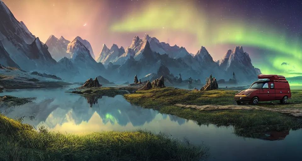 Image similar to An epic fantasy style landscape painting of a Mountainrange and a lake, with a starry sky and aurora and a Volkswagen Caddy Campervan, unreal 5, DAZ, hyperrealistic, octane render, dynamic lighting