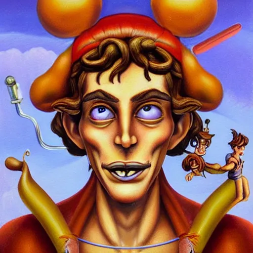 Image similar to beautiful lifelike painting of peter pan pinocchio dionysus, hyperreal detailed facial features and uv lighting, art by ed roth and basil wolverton