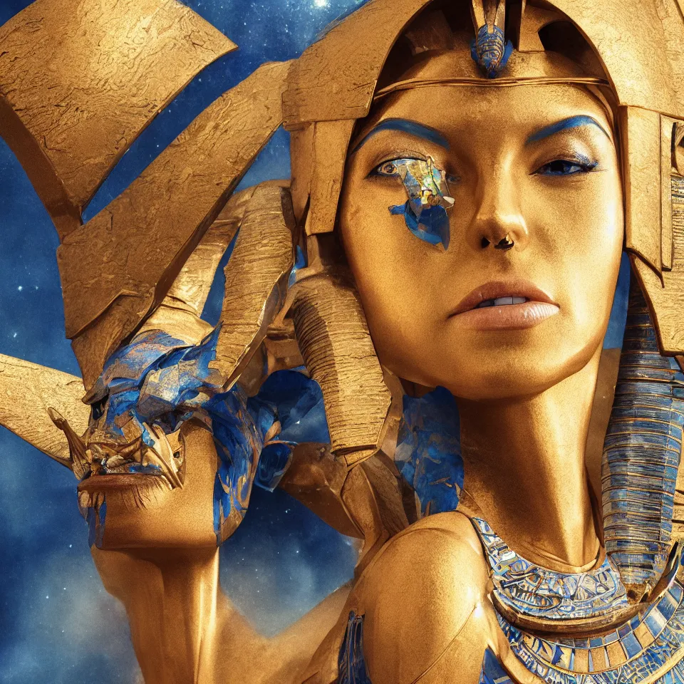 Image similar to watercolor side portrait , fantasy , Pharaoh , ancient Egypt , high details , HD , gold accessories , blue Egyptian bug , hyper realistic , sci-fi neon background , octane render