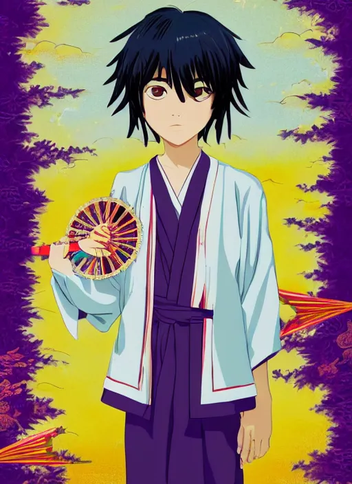 Image similar to young boy with straight indigo hair, purple eyes with red eye markers, slim body, wearing a detailed Japanese kimono with traits of the god Fuujin, holding a pair of fans. rich vivid colors, ambient lighting, dynamic lighting, 4k, official media, anime key visual, makoto shinkai, ilya kuvshinov, lois van baarle, rossdraws, detailed, trending on artstation