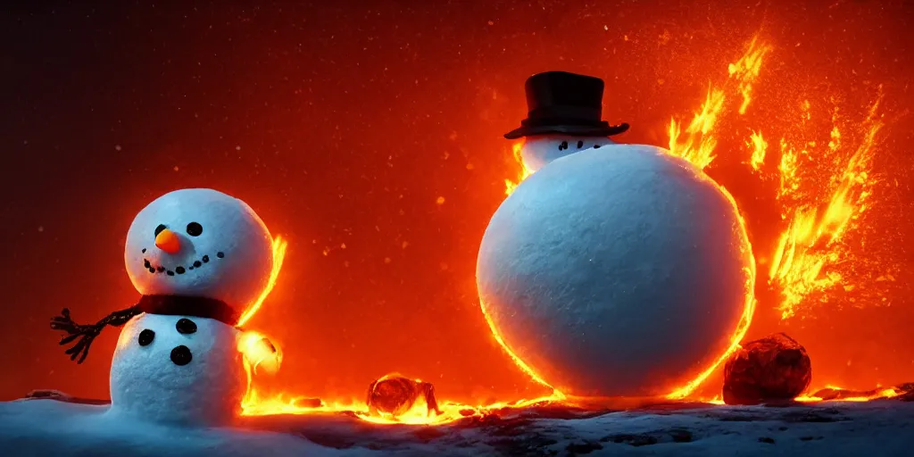 Image similar to a melted glowing snowman melting on top of the sun. the ground is made of fire and lava and is glowing orange. cinematic, dramatic, epic, volumetric lighting, atmospheric, red, orange extremely coherent, masterpiece, highly detailed, trending on artstation, 8 k, space, warm, solar flare, blade runner 2 0 4 9