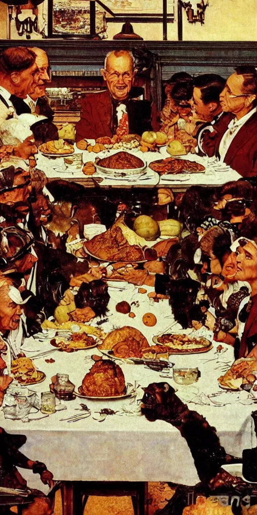 Image similar to the mars rover eating thanksgiving dinner at the head of the table norman rockwell painting