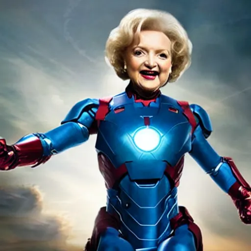 Image similar to promotional still of betty white as marvel's iron man [ film ], hero pose but shy, action, adventure, romance, imax 7 0 mm, 4 k