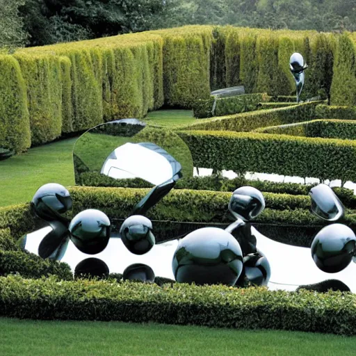 Image similar to giant Italian modern castle formal garden with a modern stainless steel organic shaped modern sculptures with mirror finish by Tony Cragg, photo by Annie Leibovitz
