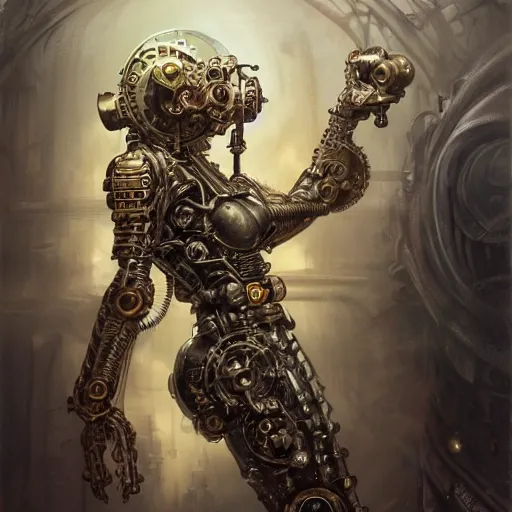 Image similar to low angle shot of a steampunk cyborg by clive barker, intricate, elegant, highly detailed, centered, digital painting, artstation, concept art, smooth, sharp focus, illustration, artgerm, Tomasz Alen Kopera, Peter Mohrbacher donato giancola, Joseph Christian Leyendecker, WLOP, Boris Vallejo.