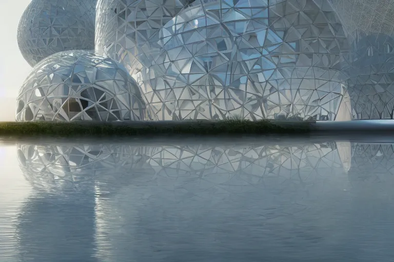 Image similar to a building composed of many white spherical egg shaped circular spaces and boolean combinations stacked together. on the calm lake, people's perspective modern curved architecture, future, wood, marble, metal award winning, highly detailed 4 k art, dusk, unreal engine highly rendered, global illumination, radial light, internal environment by kazuyo sejima