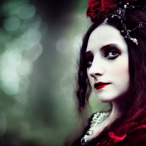 Prompt: A beautiful portrait of a lady vampire, victorian, '20, ominous, dracula, depth of field, bokeh, irwin penn, soft light, cinematic