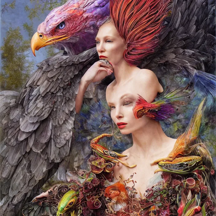 Image similar to a fashion editorial of cate blanchet as a brightly colored eagle amphibian hybrid with wet translucent mutated skin. wearing a mutated organic dress. by tom bagshaw, donato giancola, hans holbein, walton ford, gaston bussiere and peter mohrbacher. 8 k, cgsociety