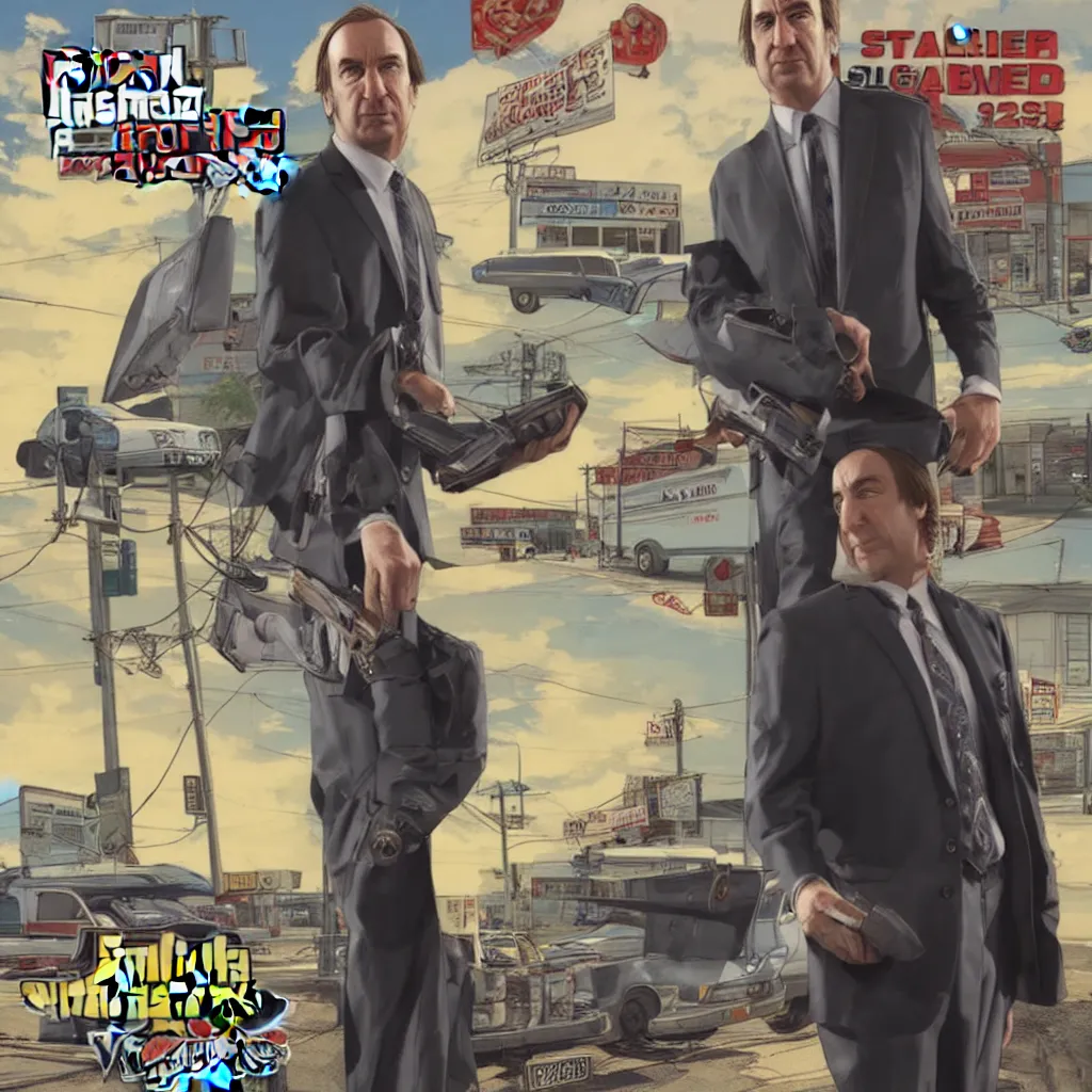 Prompt: Saul Goodman in GTA V, cover art by Stephen Bliss