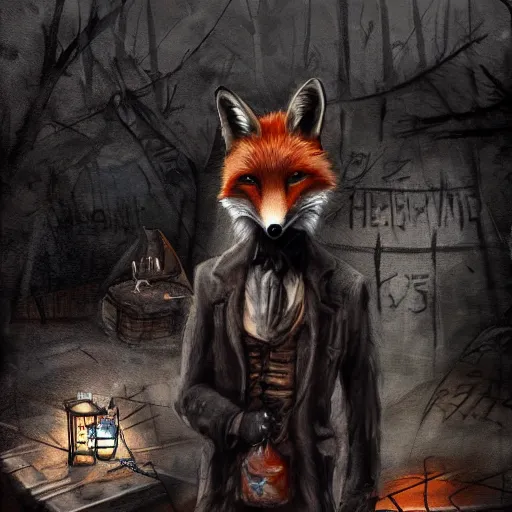 Image similar to humanoid fox detective in a homeless tent city with hobos.. dark, gothic. fine art, masterpiece digital painting, 4 k